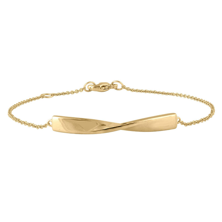 a detailed shot of a yellow gold bracelet with a twisted bar on a delicate chain. #color_gold