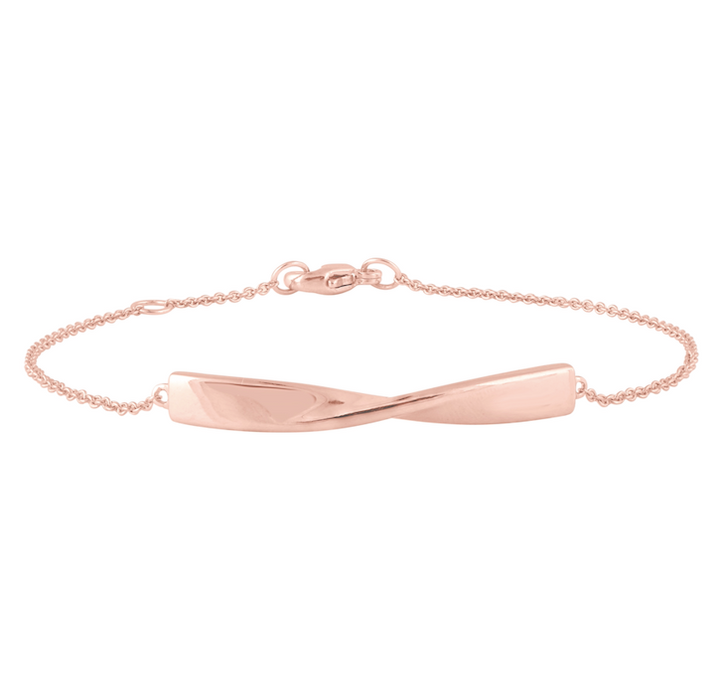 a detailed shot of a rose gold bracelet with a twisted bar on a delicate chain. #color_rose-gold