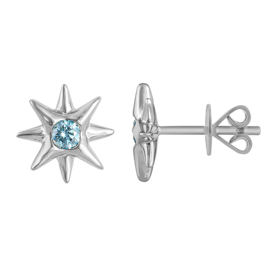 silver star stud earrings with blue diamonds on a white background #color_silver