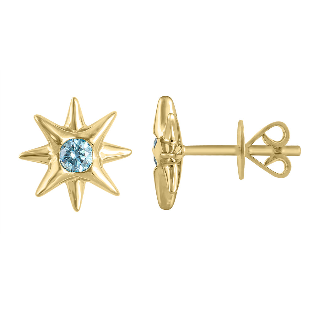 gold star stud earrings with blue diamonds on a white background #color_gold