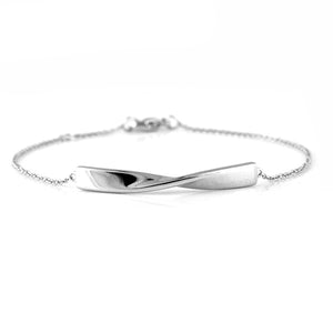 a detailed image of a sterling silver bracelet with a twisted bar on a delicate chain.