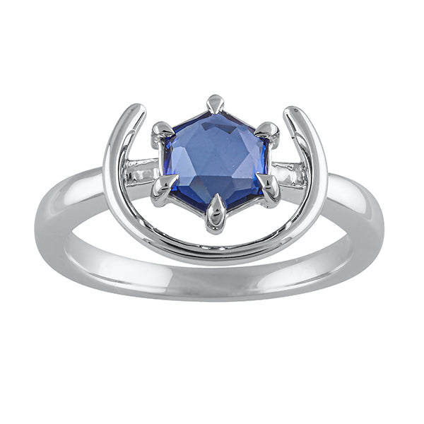 a detail image of our gemstone ring in silver with tanzanite. The tanzanite is a rose cut hexagon shape prong set in a silver half halo. Size inclusive and plus size ring.