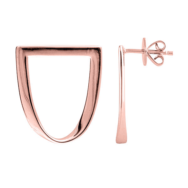 a detailed image of a rose gold earring that is a half circle facing forward, featuring a twist in the bottom of the hoop with a post back detail.